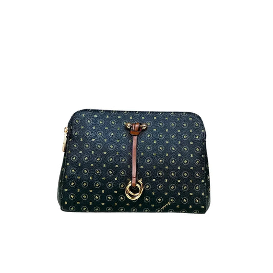 Borsa elegante verde scuro con monogrammi oro e chiusura in pelle marrone
