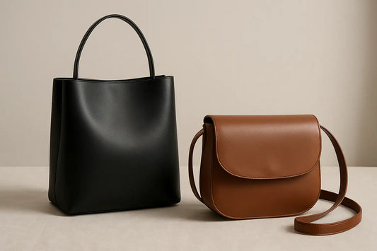 Borsa tote in pelle nera minimalista con manici curvi, 2025 fashion.