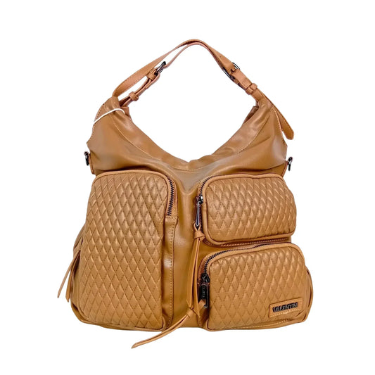 Borsa hobo in pelle tan con tasche trapuntate a rombi per stile donna
