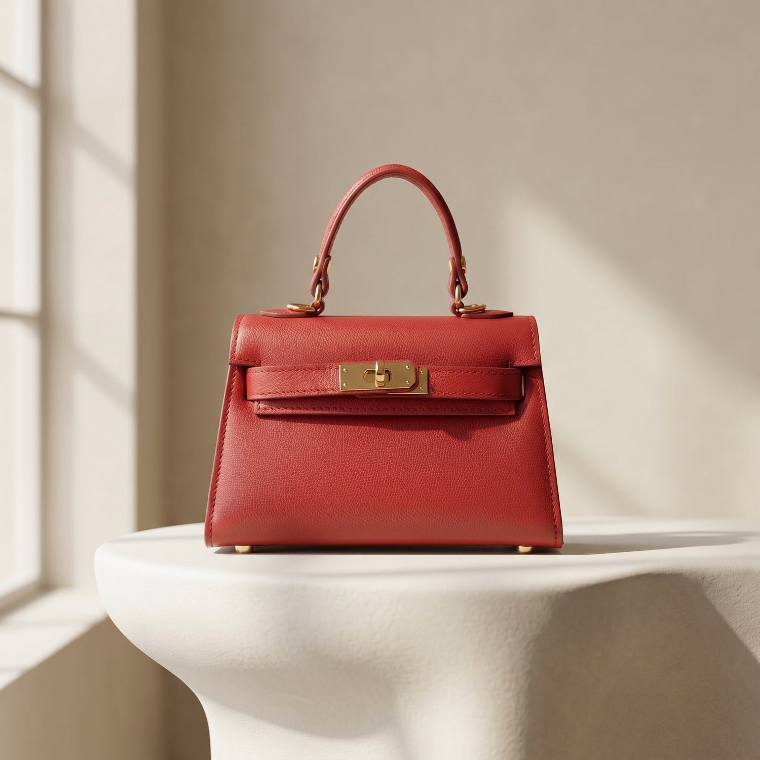 Borsa in vera pelle color tan con tracolla in pelle marrone e chiusura oro