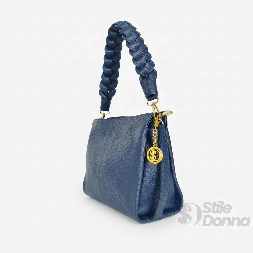 Amora Borsa a Spalla Classico in Pelle Blu | Interno e tasche | vera pelle | Caffè