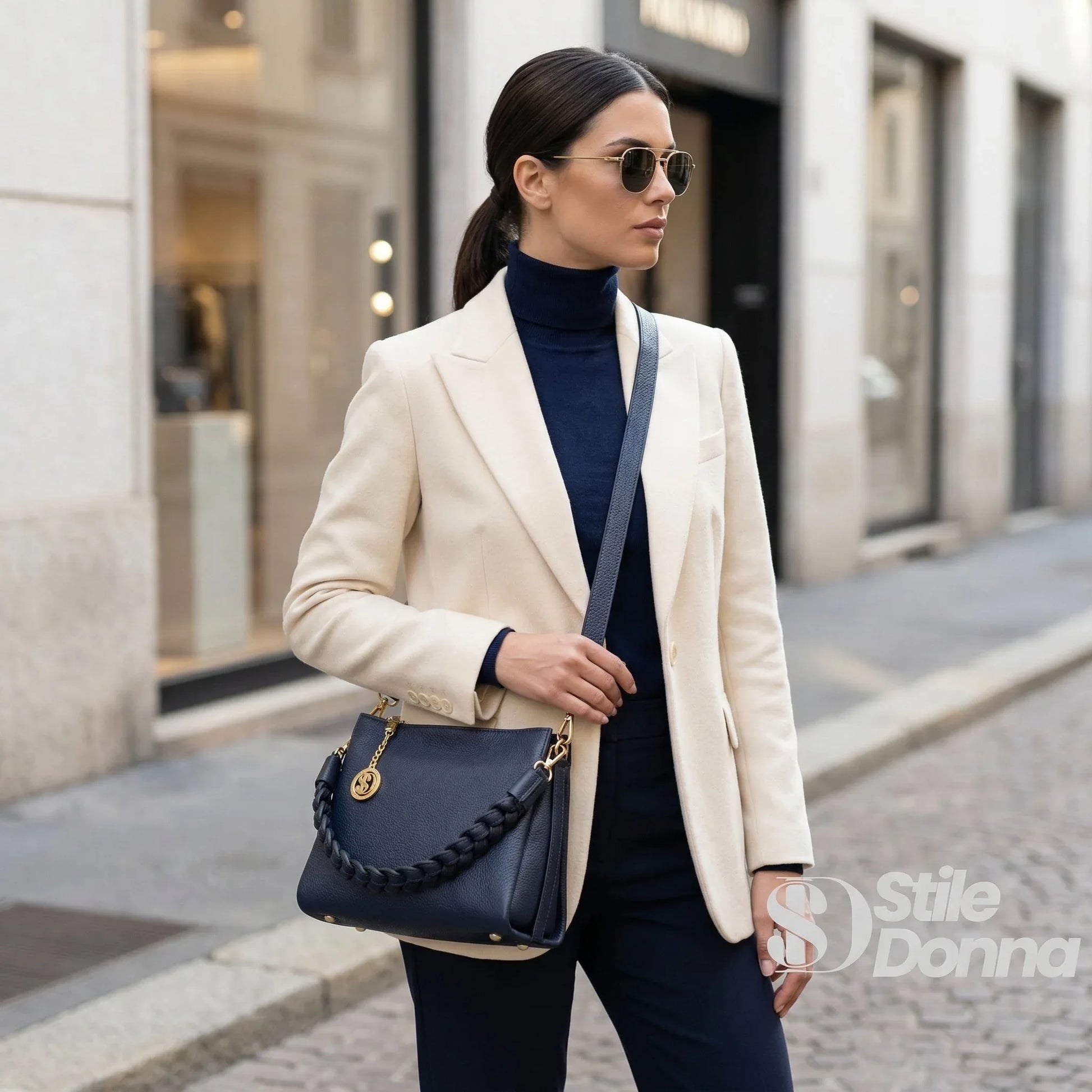 Amora Borsa a Spalla Classico in Pelle Blu | Vista aggiuntiva 12 | vera pelle | Caffè