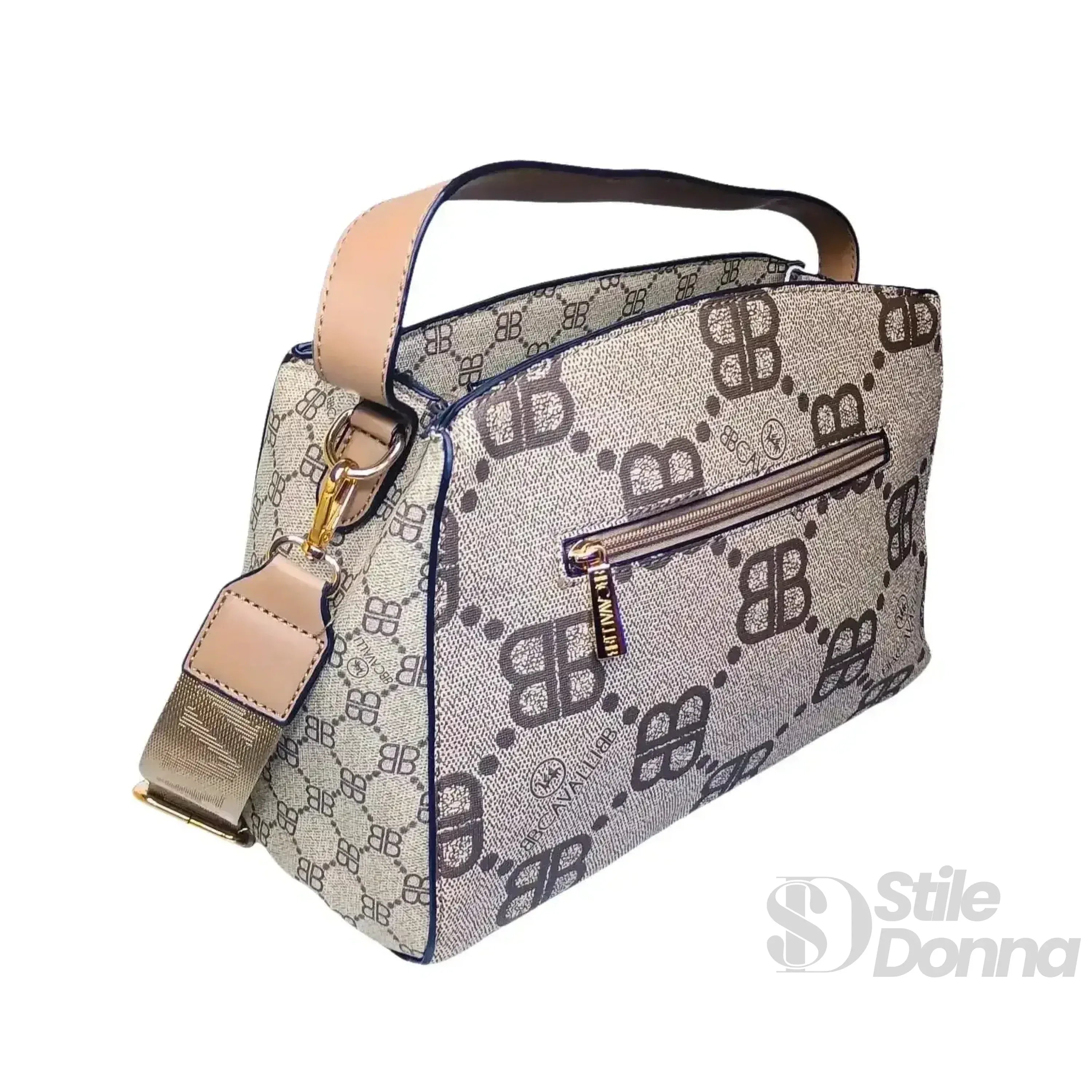 B.Cavalli borsa satchel ecopelle beige motivo monogramma – vista laterale