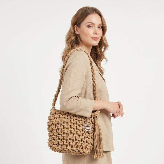 Baci & Abbracci Borsa a Spalla Grande in Corda di Cotone Intrecciata con Nappina - Stile Donna Bags