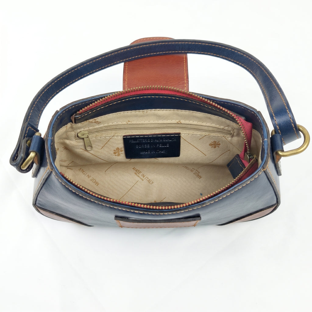 Aurora borsa a tracolla vera pelle italiana blu – interno e tasche