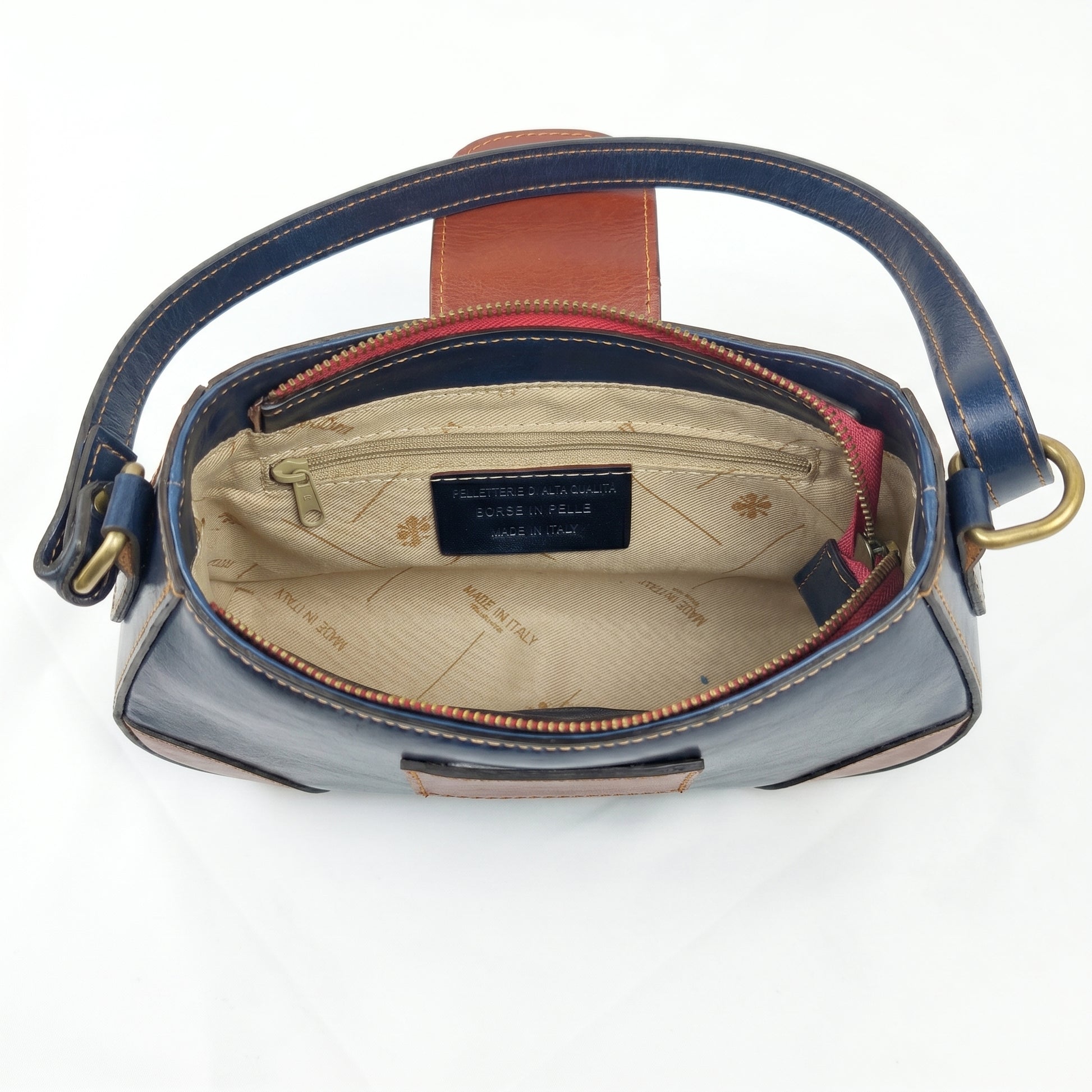 Aurora borsa a tracolla vera pelle italiana blu – interno e tasche