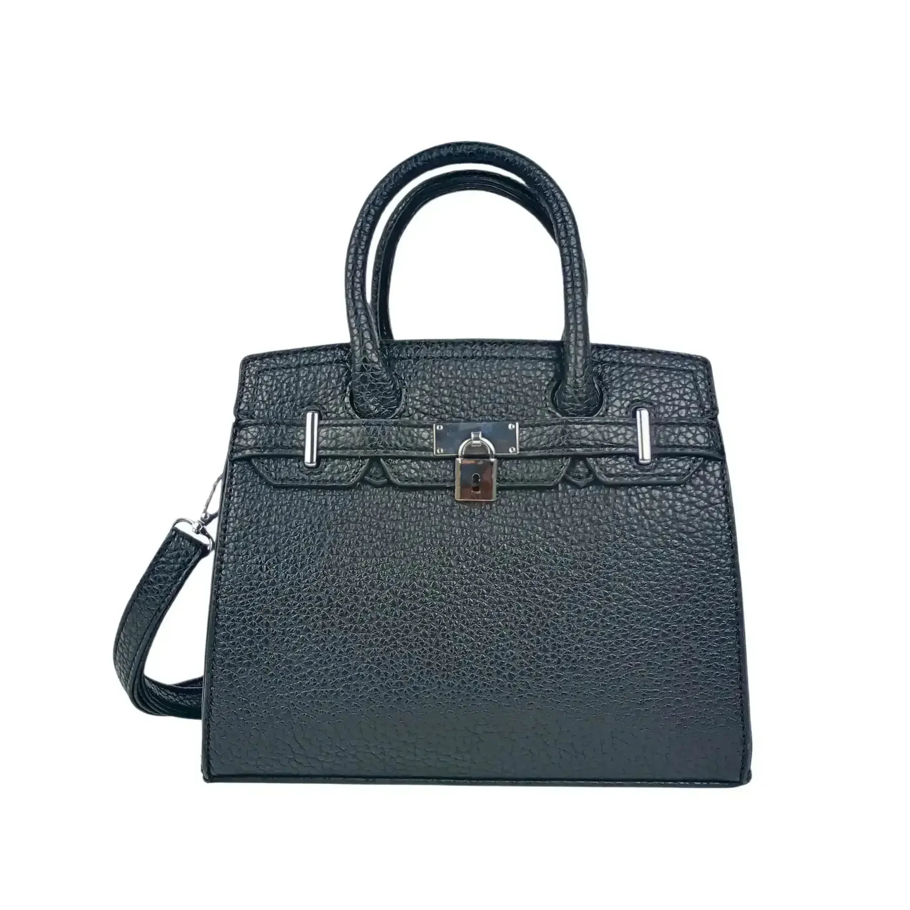 Stile Donna borsa elegante ecopelle nera martellata mini borsetta con finiture argento donna – vista frontale