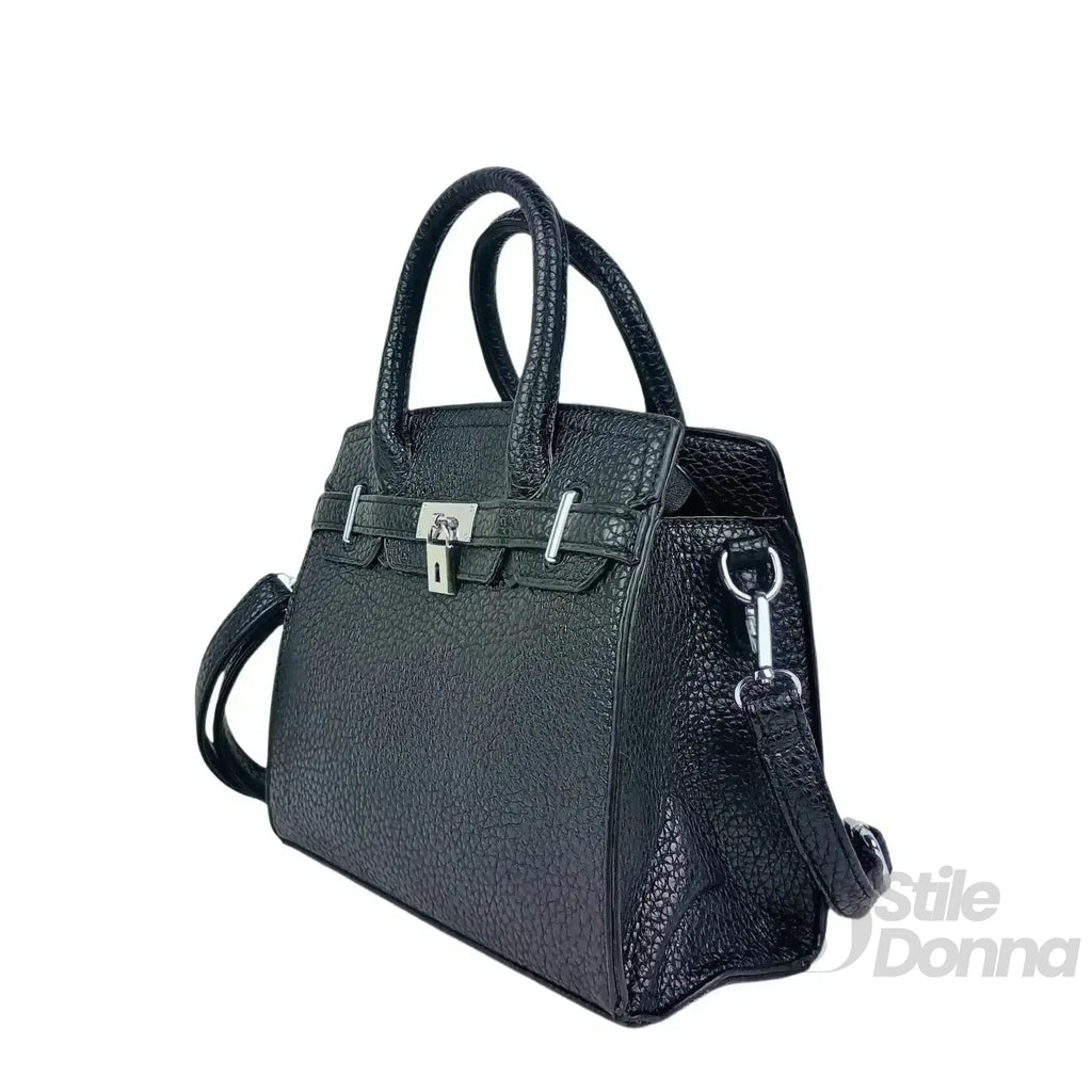 Stile Donna borsa elegante ecopelle nera martellata con finiture argento – vista laterale