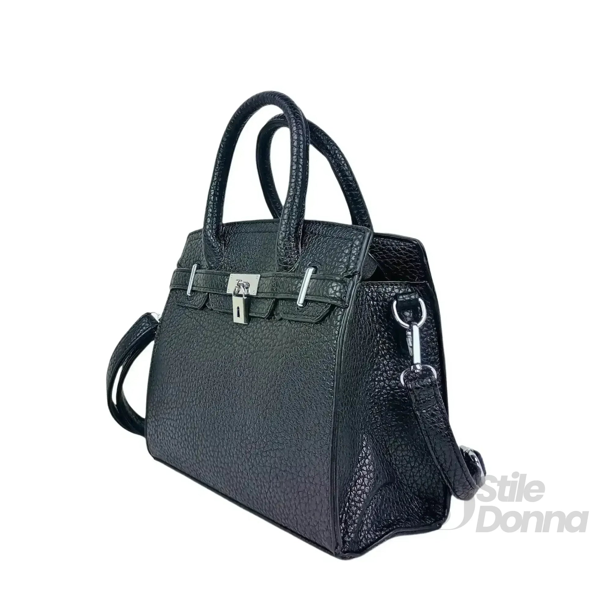 Stile Donna borsa elegante ecopelle nera martellata con finiture argento – vista laterale