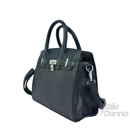 Stile Donna borsa elegante ecopelle nera martellata con finiture argento – vista laterale