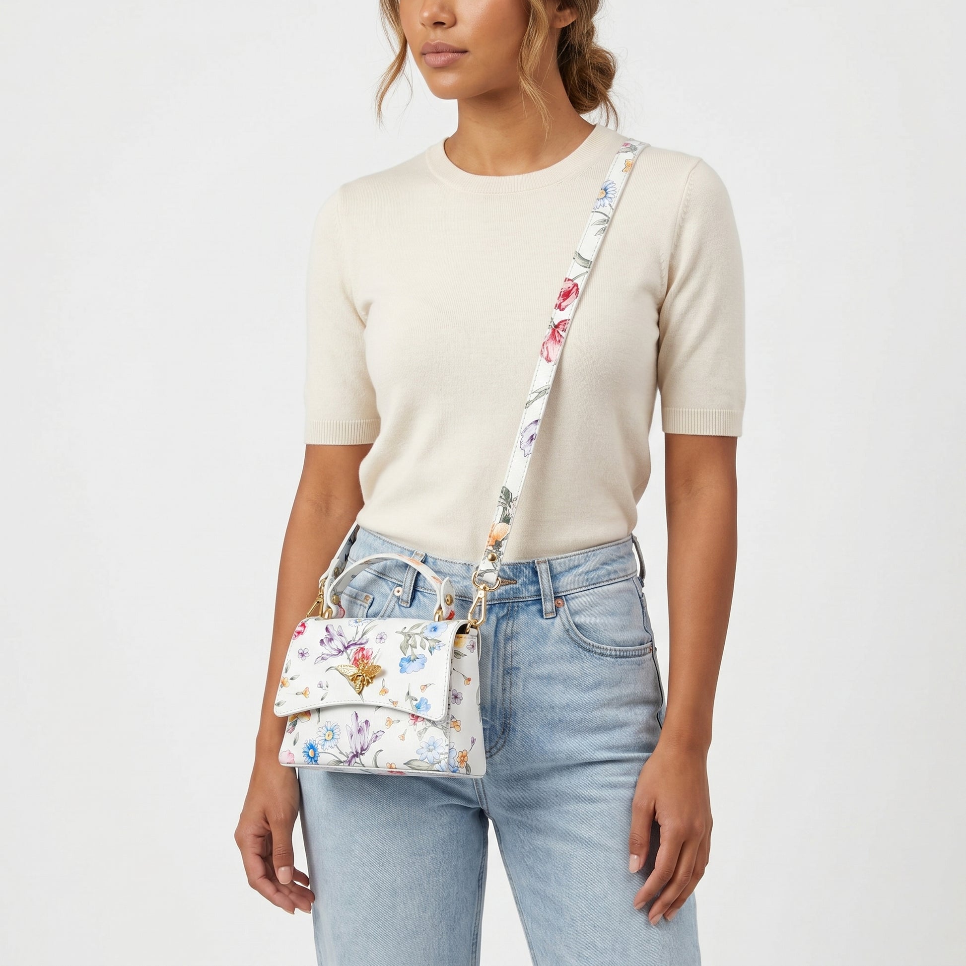 Stile Donna borsa a farfalla vera pelle stampa floreale – interno e tasche