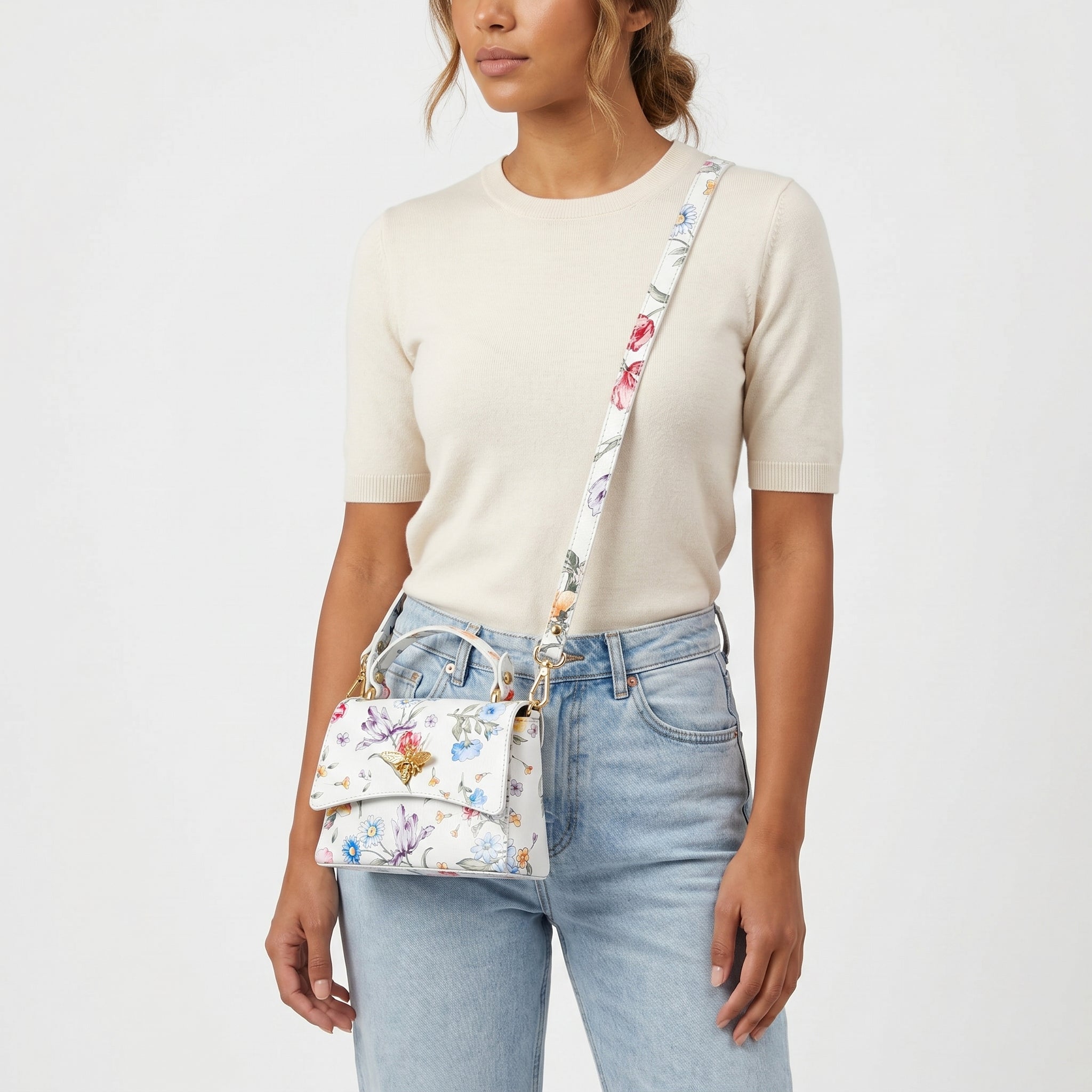 Stile Donna borsa a farfalla vera pelle stampa floreale – interno e tasche