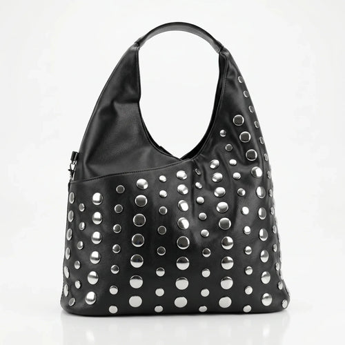 Stile Donna borsa grande Silver Dot ecopelle nera con tracolla regolabile donna – vista frontale