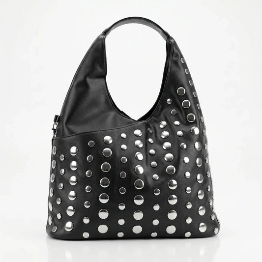 Stile Donna borsa grande Silver Dot ecopelle nera con tracolla regolabile donna – vista frontale