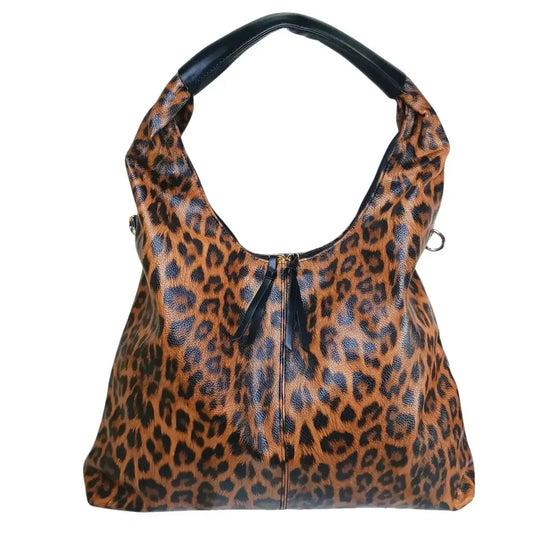 Stile Donna borsa hobo ecopelle stampa leopardata con dettagli dorati donna – vista frontale