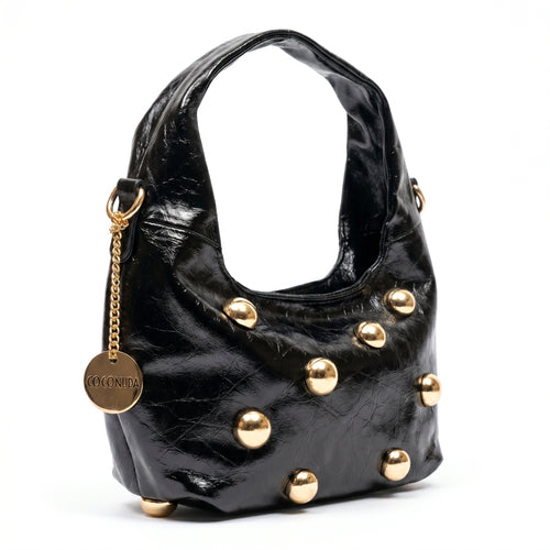 Borsa hobo Coconuda nera borchie oro con tracolla regolabile inclusa - vista frontale