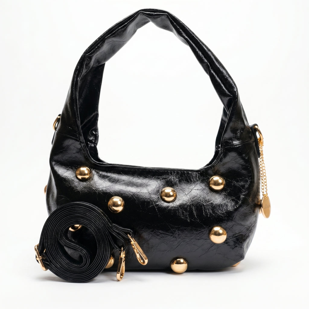 Borsa hobo Coconuda nera ecopelle verniciata borchie dorate - vista posteriore