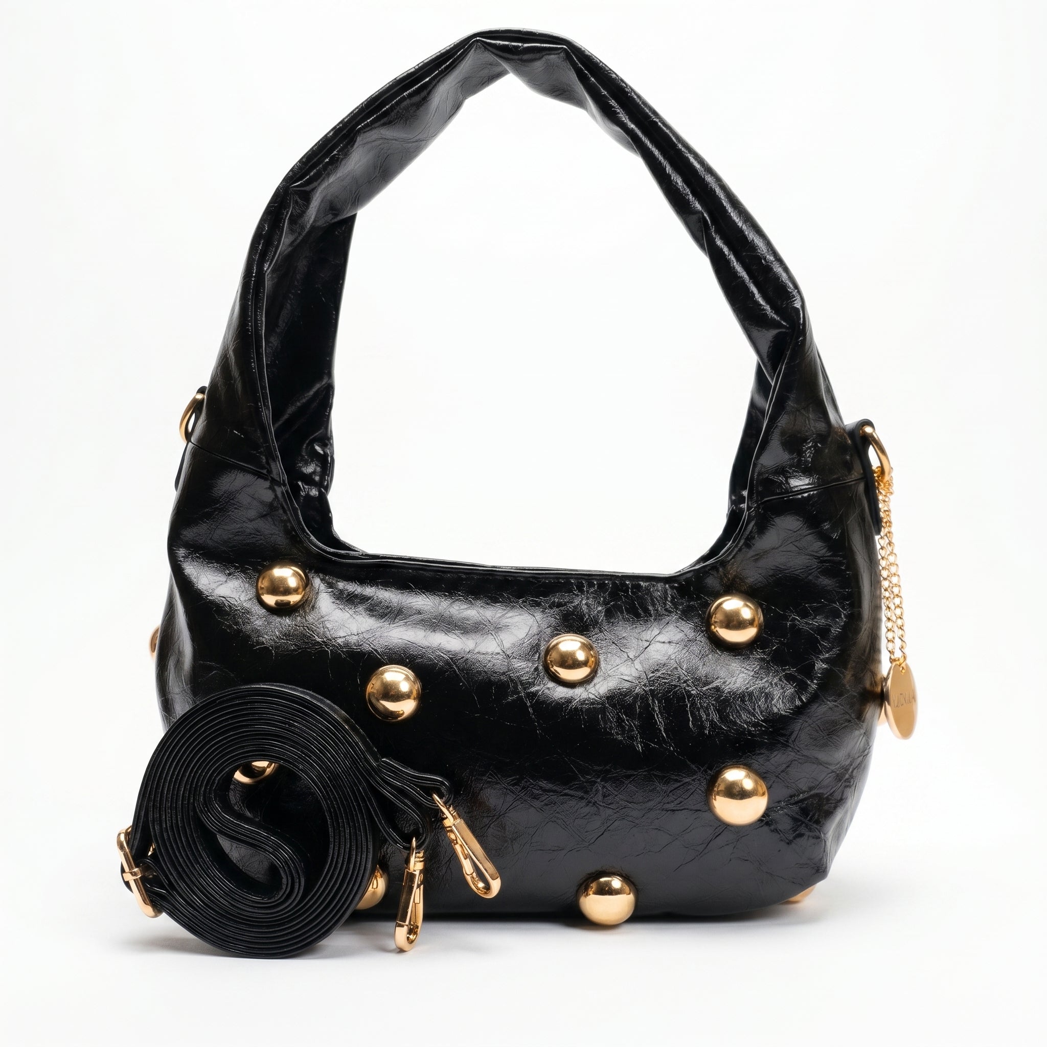 Borsa hobo Coconuda nera ecopelle verniciata borchie dorate - vista posteriore