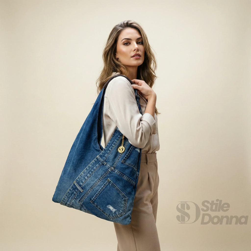 Stile Donna borsa hobo tote denim blu con stampa grafica – dettaglio esterno