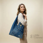 Borsa Hobo Tote in Denim con Stampa Grafica e Dettagli Dorati - Stile Donna Bags