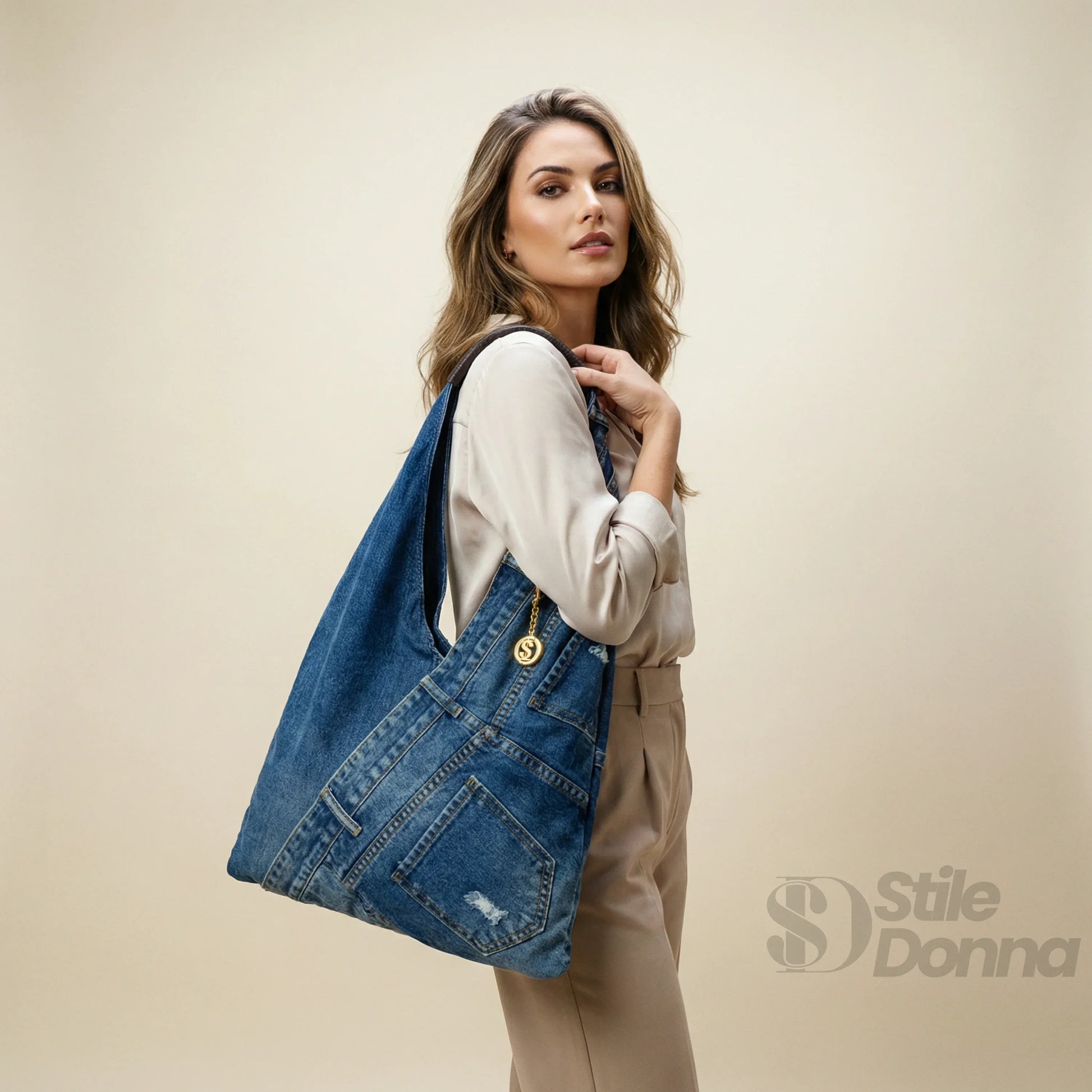 Stile Donna borsa hobo tote denim blu con stampa grafica – dettaglio esterno