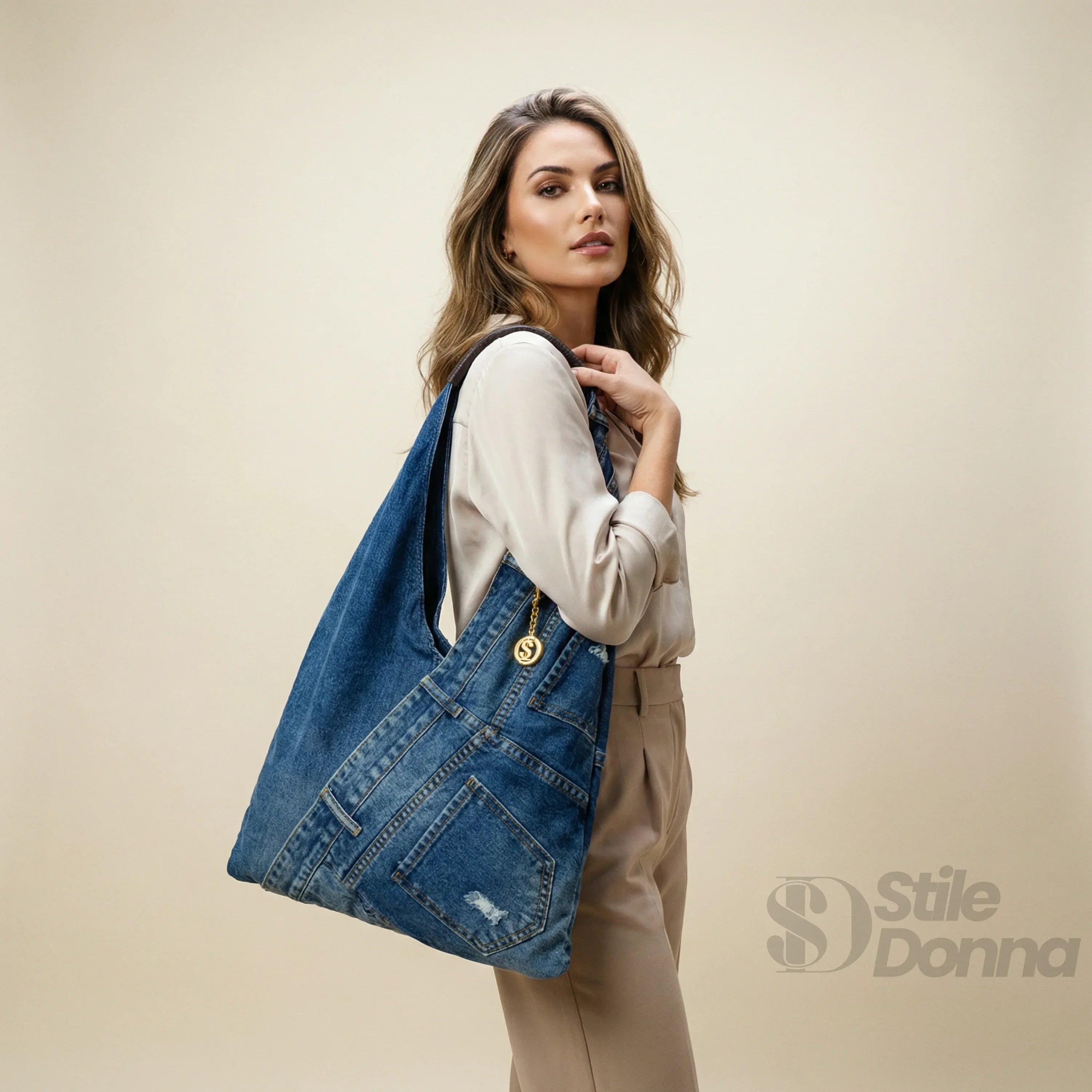 Stile Donna borsa hobo tote denim blu con stampa grafica – dettaglio esterno