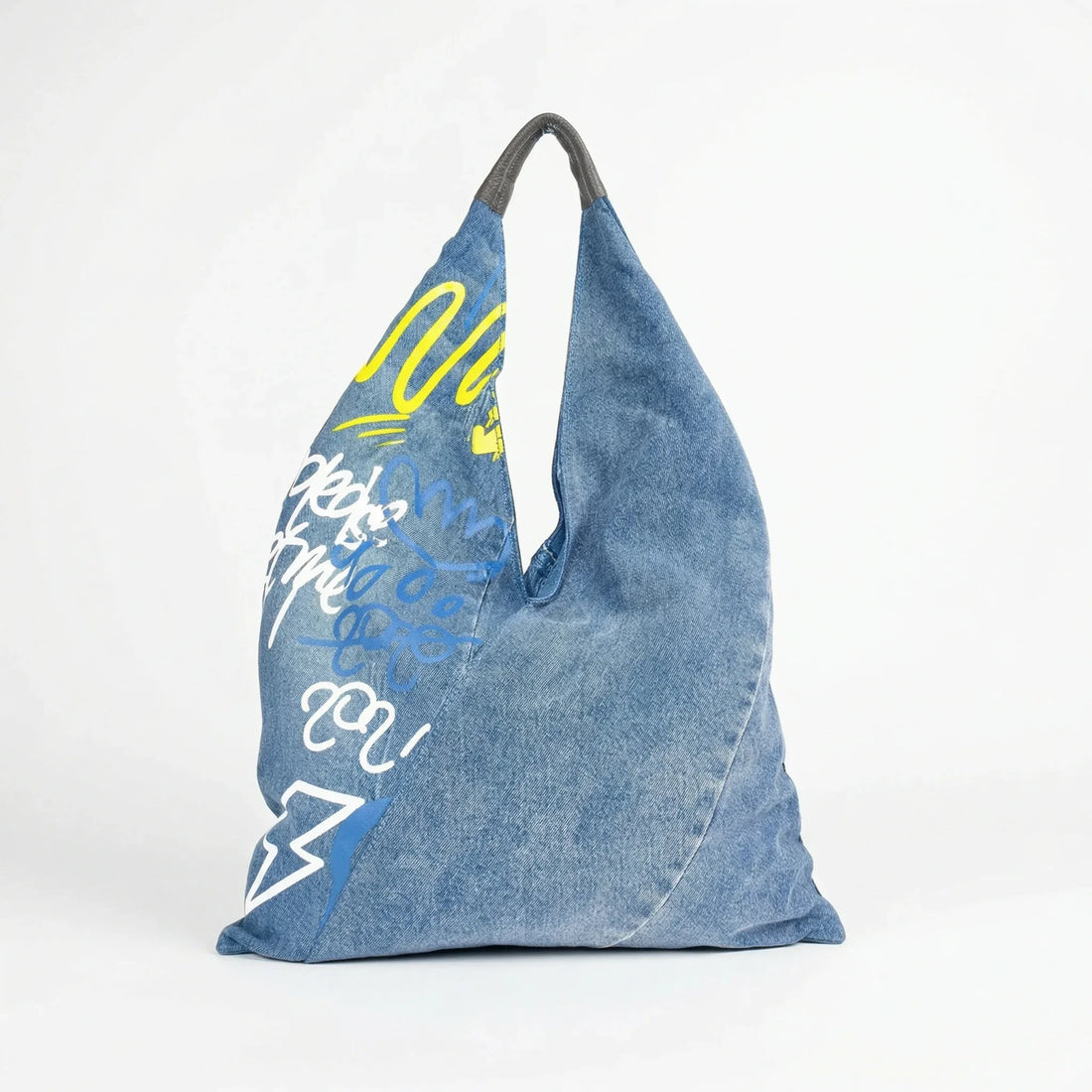 Borsa Hobo Tote in Denim con Stampa Grafica e Dettagli in Metallo Finitura Tono Oro