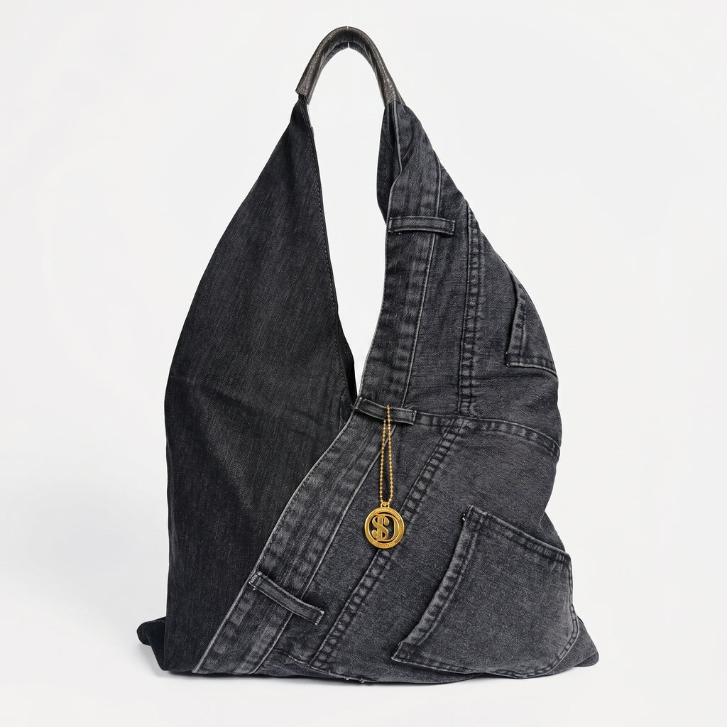 Borsa Hobo Tote in Denim con Stampa Grafica e Dettagli Dorati - Stile Donna Bags