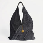 Borsa Hobo Tote in Denim con Stampa Grafica e Dettagli Dorati - Stile Donna Bags