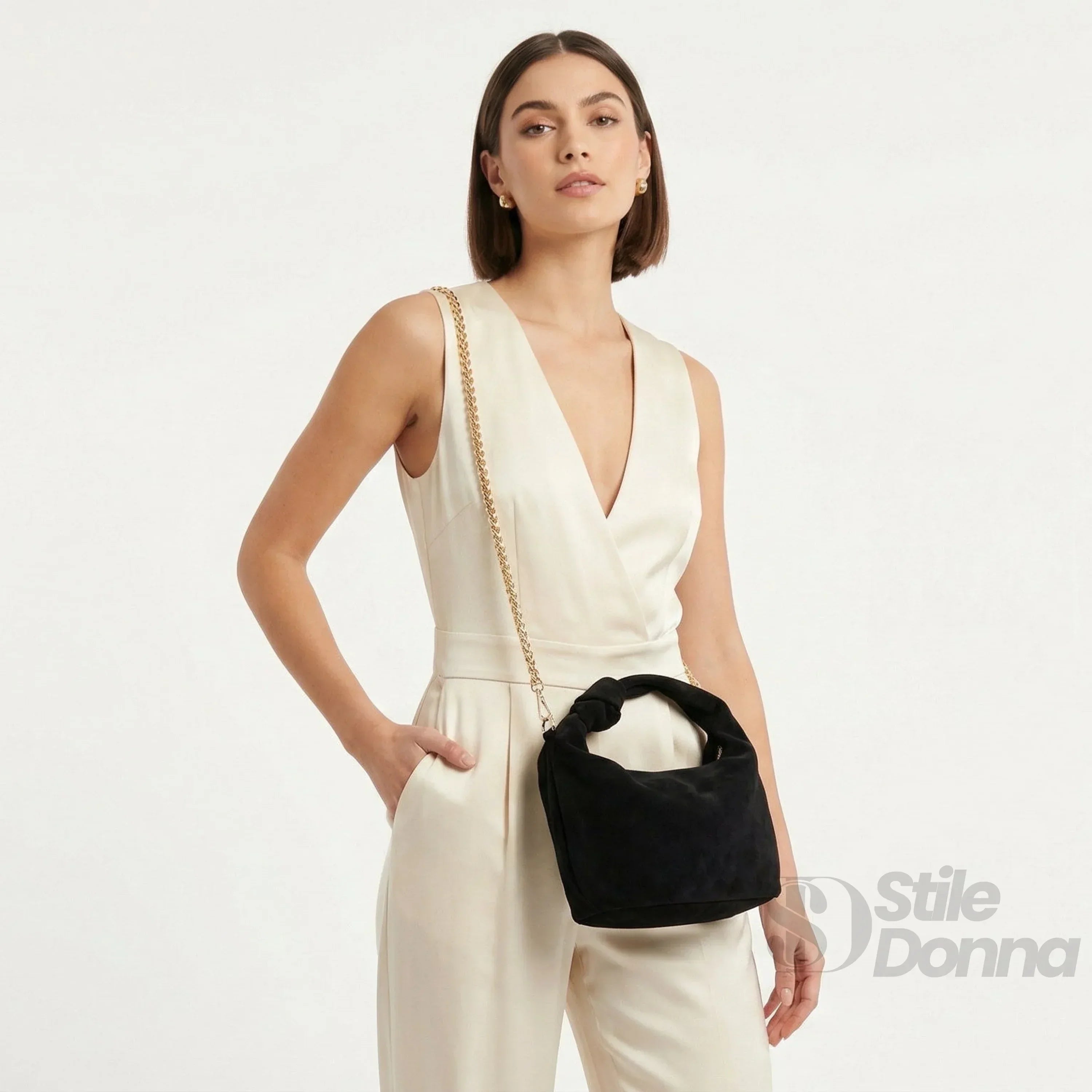 Stile Donna borsa hobo ecopelle scamosciata con dettagli dorati – interno e tasche