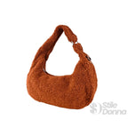 Borsa Hobo in Tessuto Testurizzato con Trama a Orsacchiotto Color Marrone - Stile Donna Bags