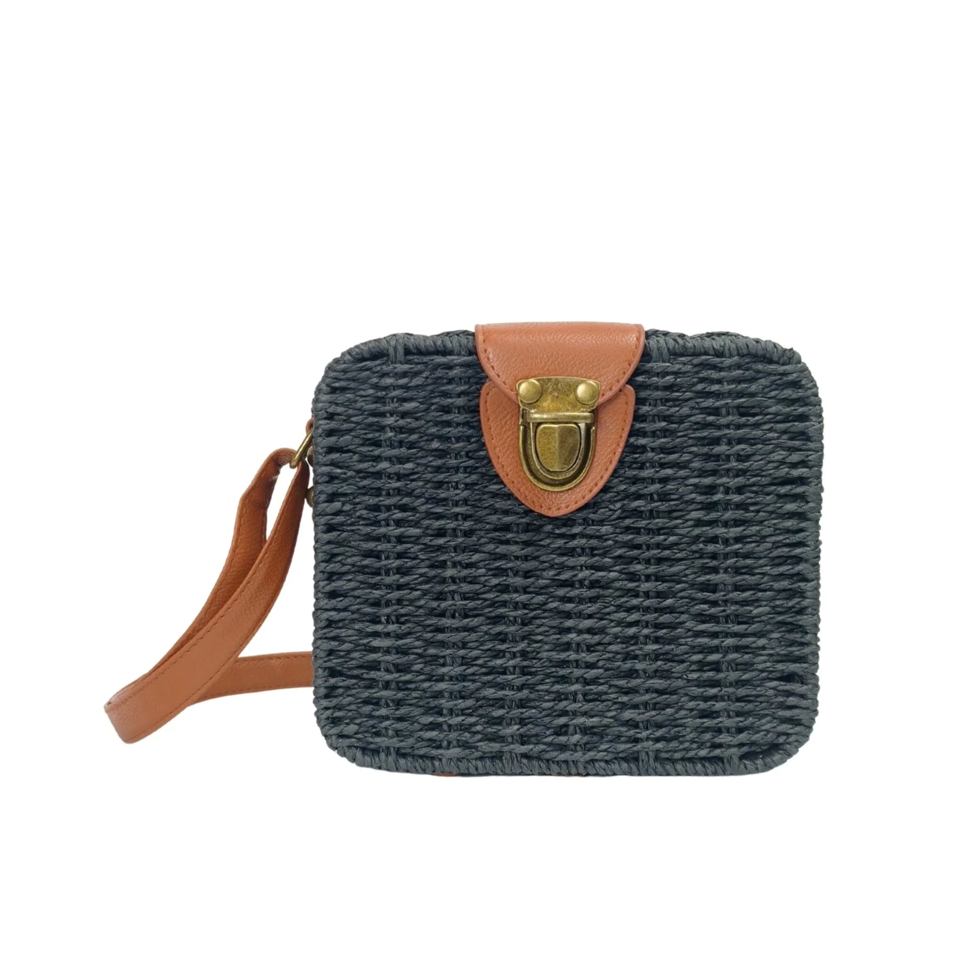 Stile Donna borsa intrecciata a scatola paglia ecopelle nera – vista frontale