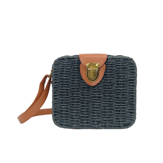 Stile Donna borsa intrecciata a scatola paglia ecopelle nera – vista frontale