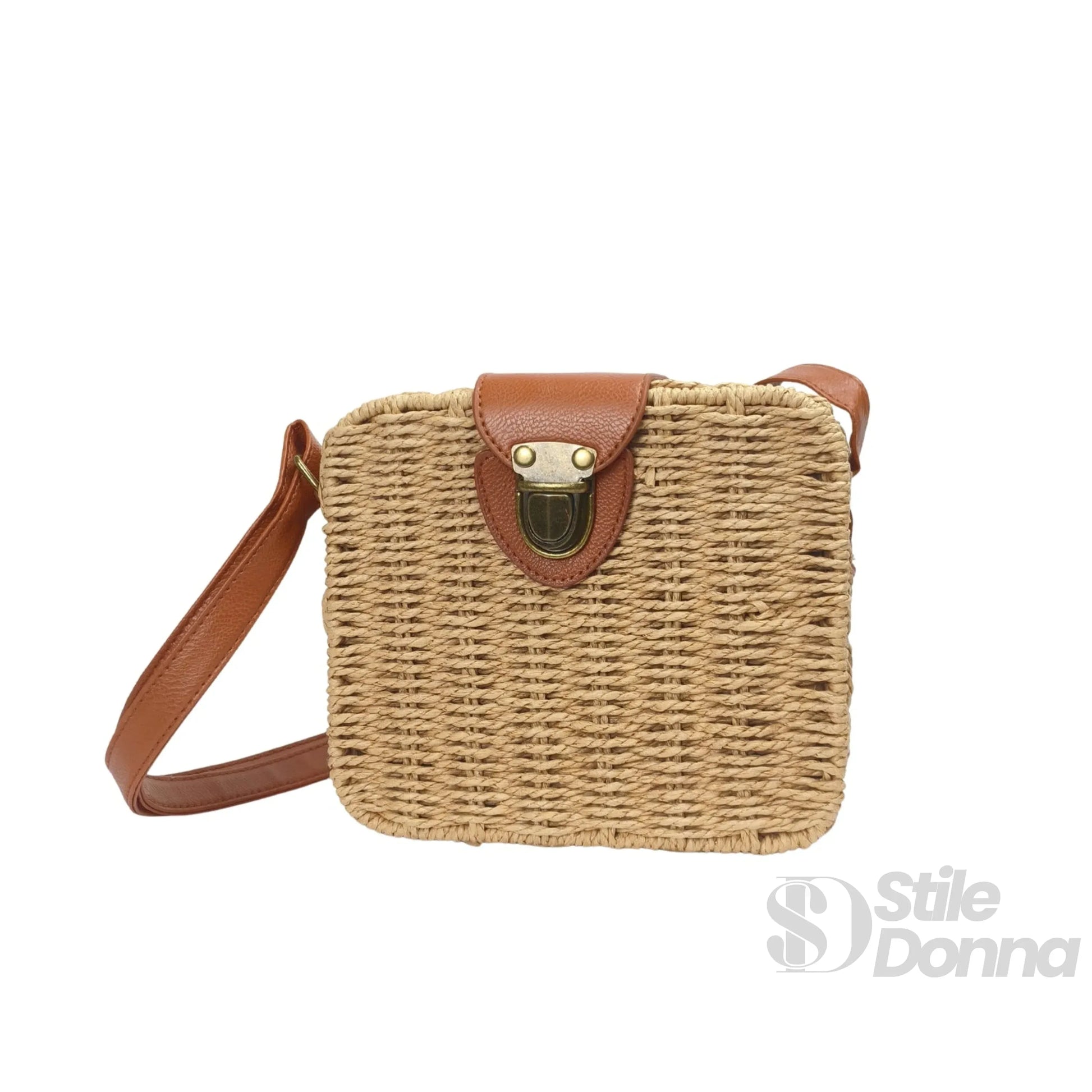 Stile Donna borsa intrecciata a scatola paglia ecopelle beige – vista laterale