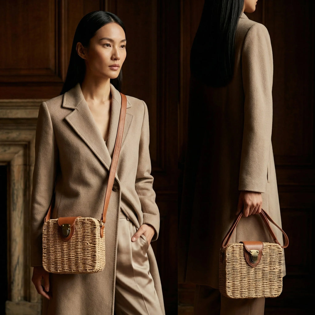 Stile Donna borsa intrecciata a scatola paglia ecopelle beige – dettaglio esterno