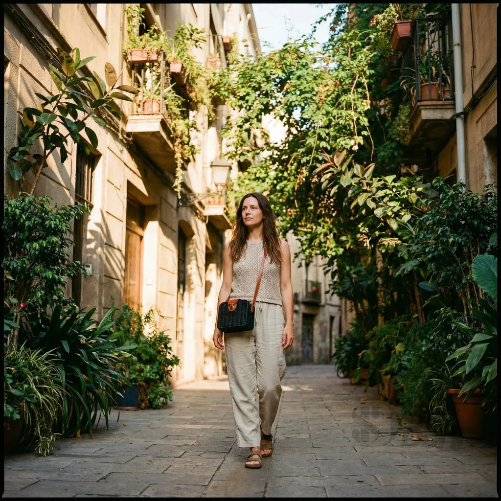 Stile Donna borsa intrecciata a scatola paglia ecopelle beige – vista posteriore