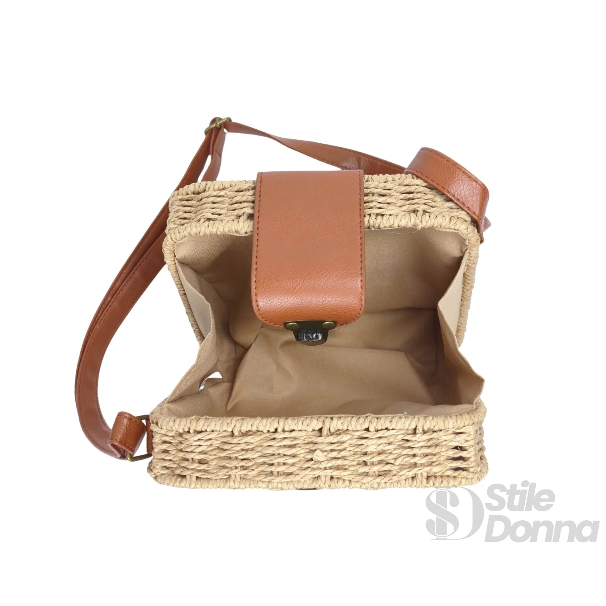 Stile Donna borsa intrecciata a scatola paglia ecopelle beige – interno e tasche