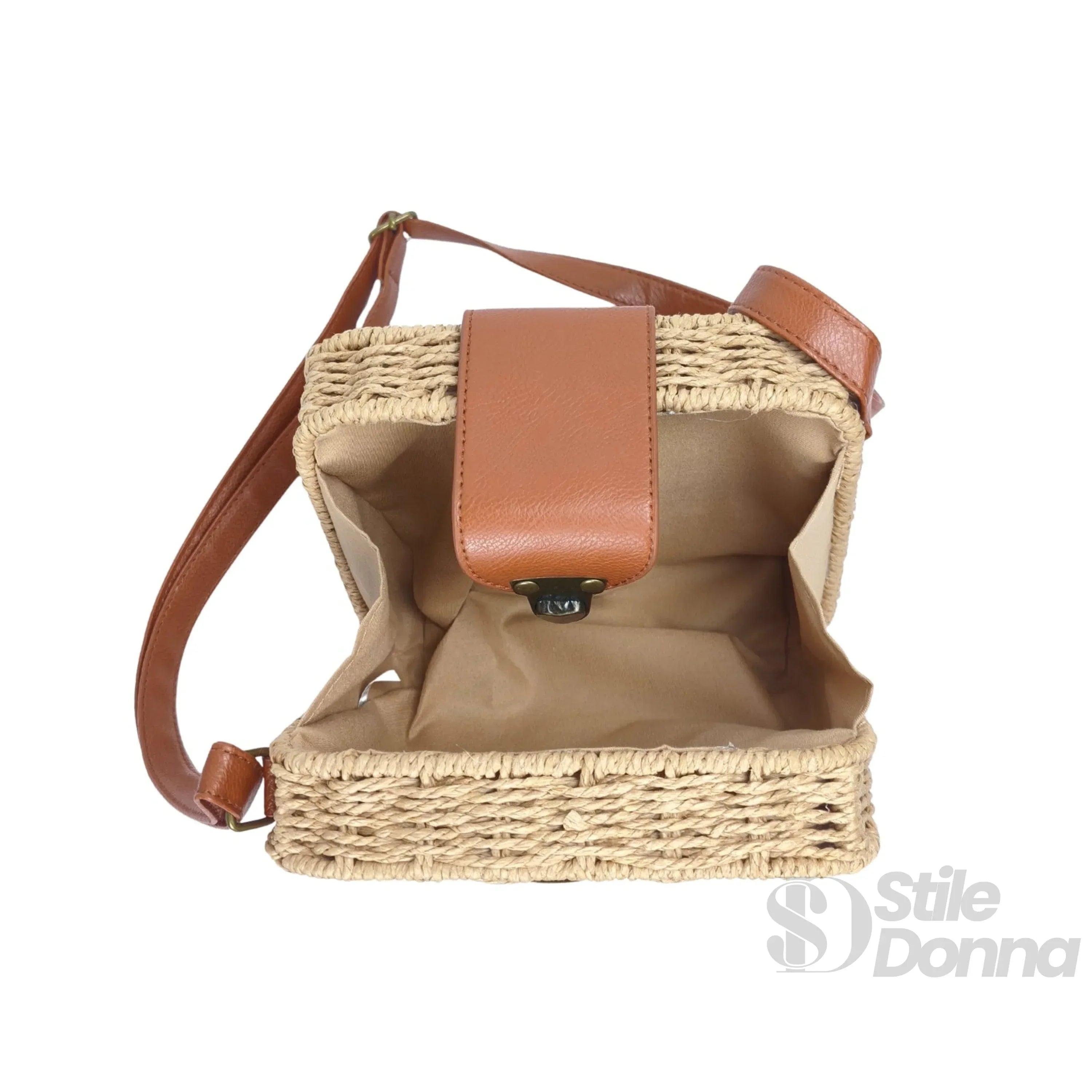 Stile Donna borsa intrecciata a scatola paglia ecopelle beige – interno e tasche