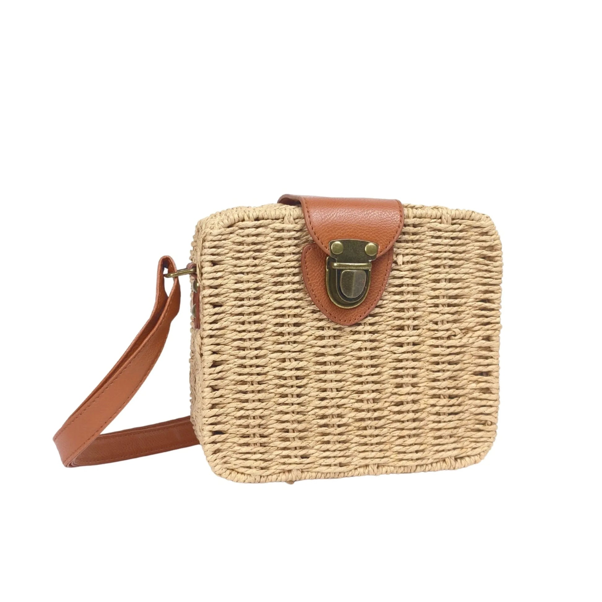 Stile Donna borsa intrecciata a scatola paglia ecopelle beige – dettaglio chiusura