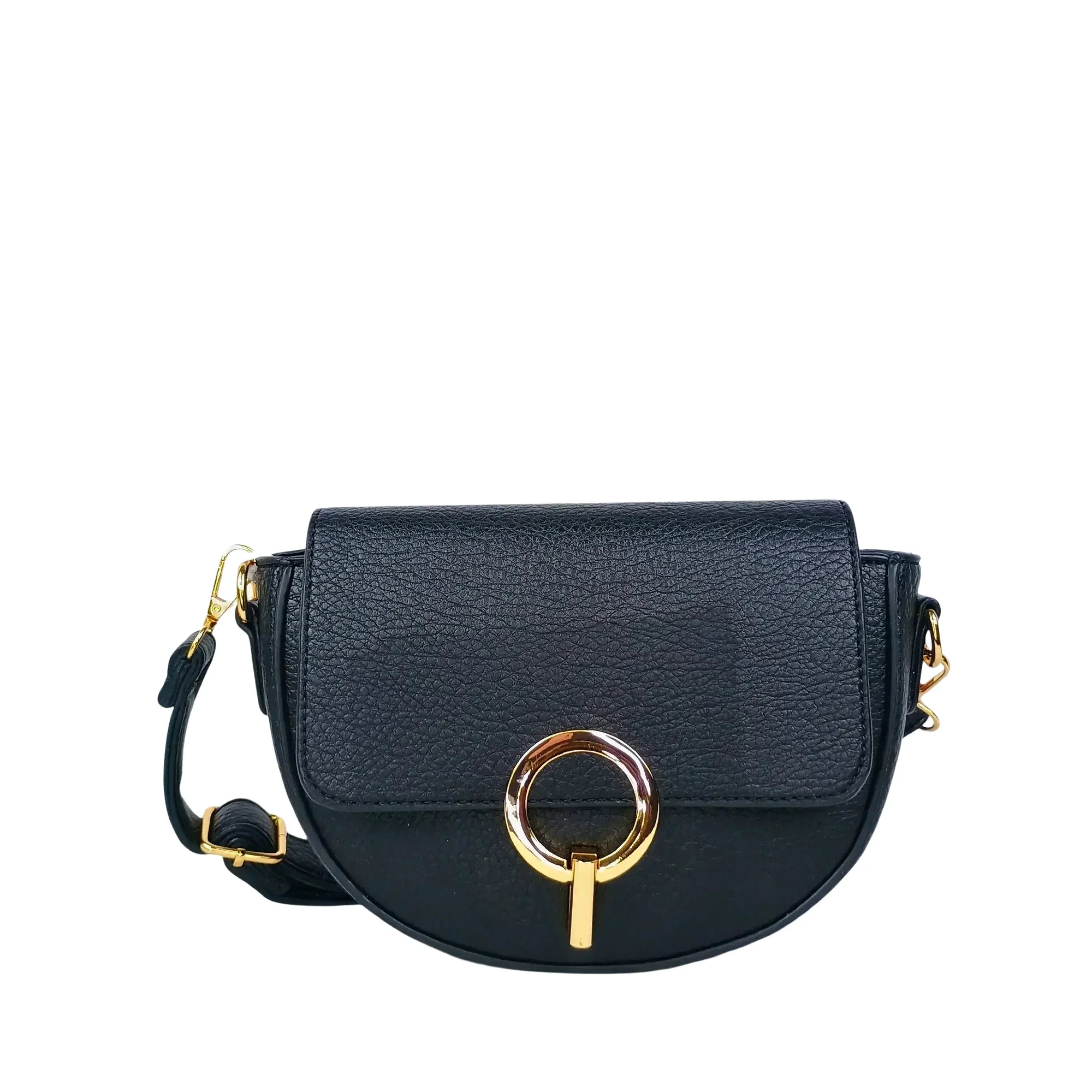 Stile Donna borsa mezzaluna ecopelle nera con dettagli dorati donna – vista frontale