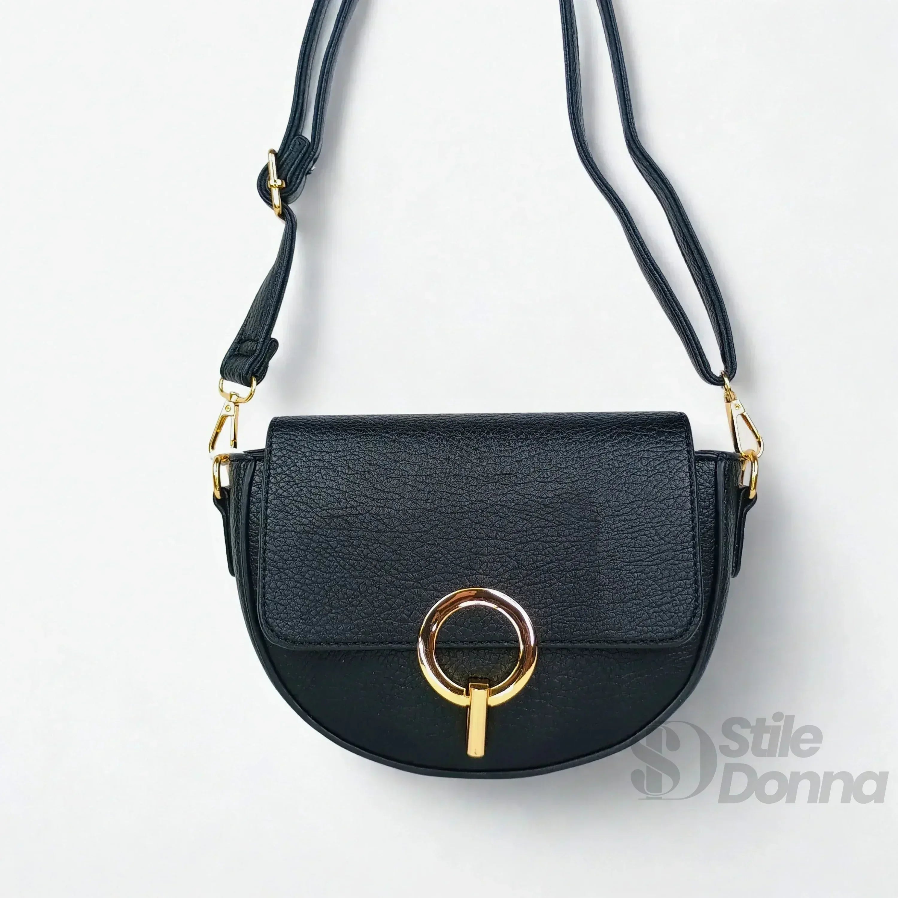Stile Donna borsa mezzaluna ecopelle beige con dettagli dorati – vista posteriore