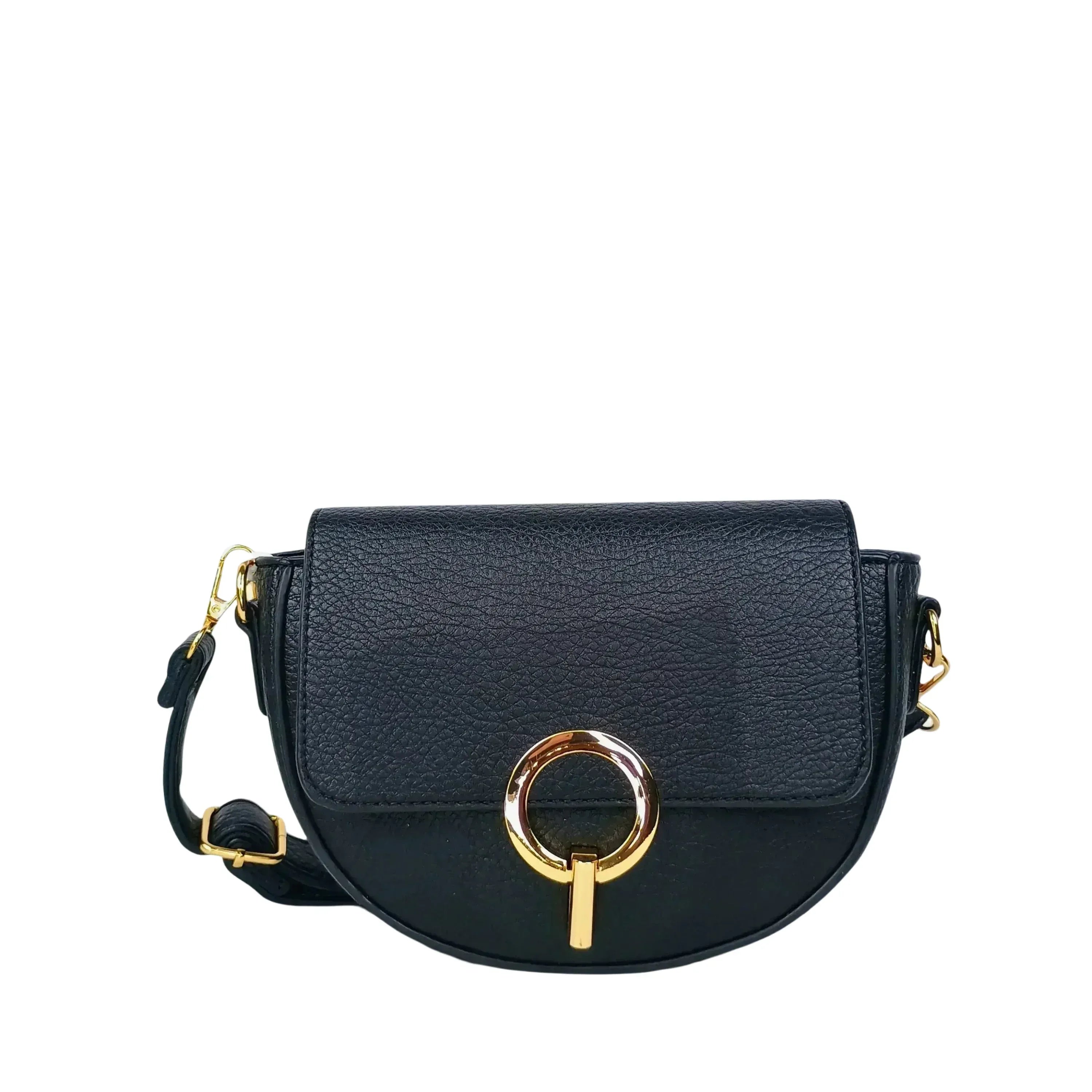 Stile Donna borsa mezzaluna ecopelle beige con dettagli dorati donna – borsa indossata
