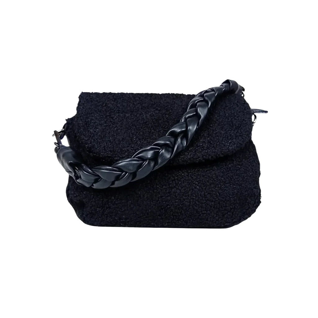 Stile Donna borsa nera ecopelle PU con manico intrecciato e tracolla regolabile donna – vista frontale
