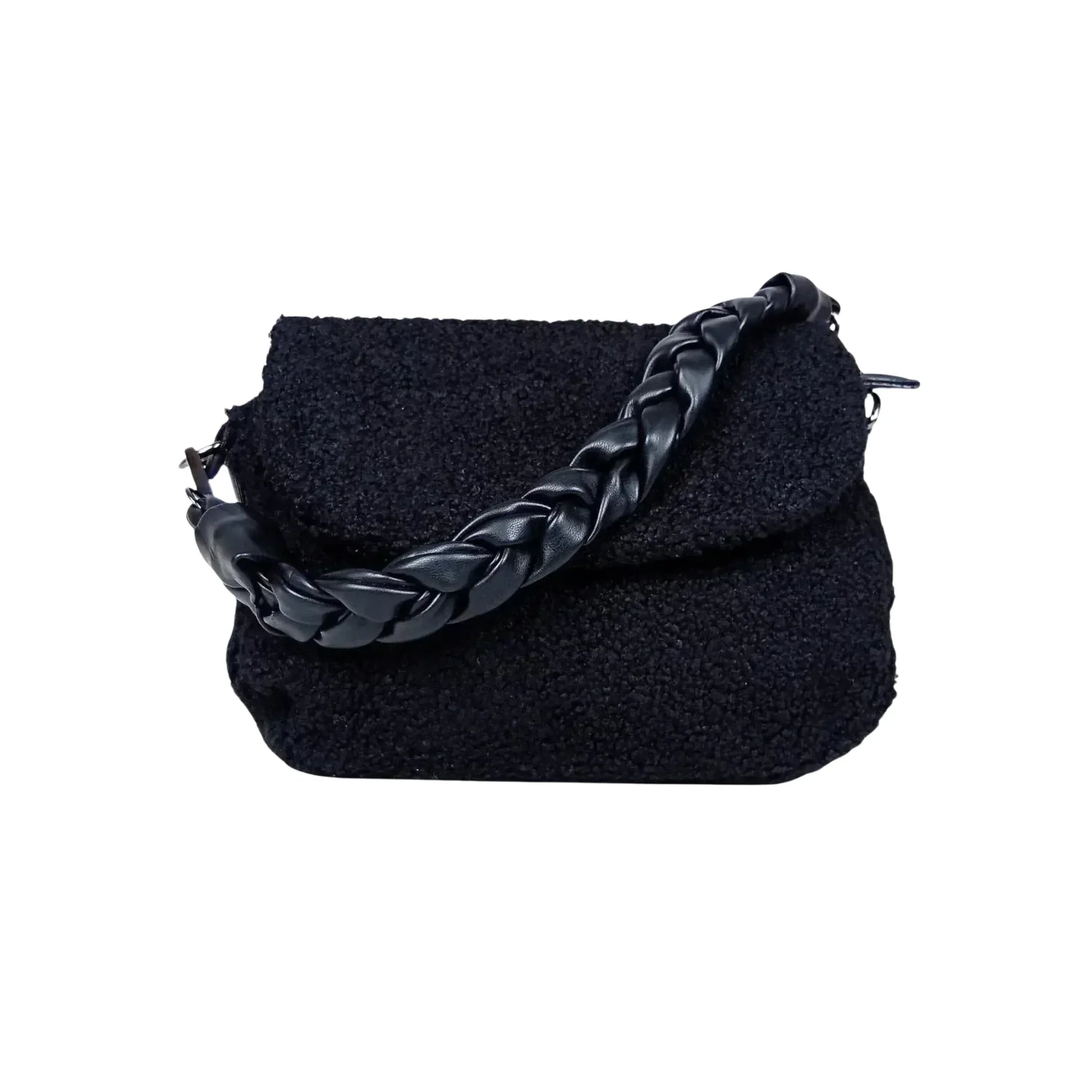 Stile Donna borsa nera ecopelle PU con manico intrecciato e tracolla regolabile donna – vista frontale