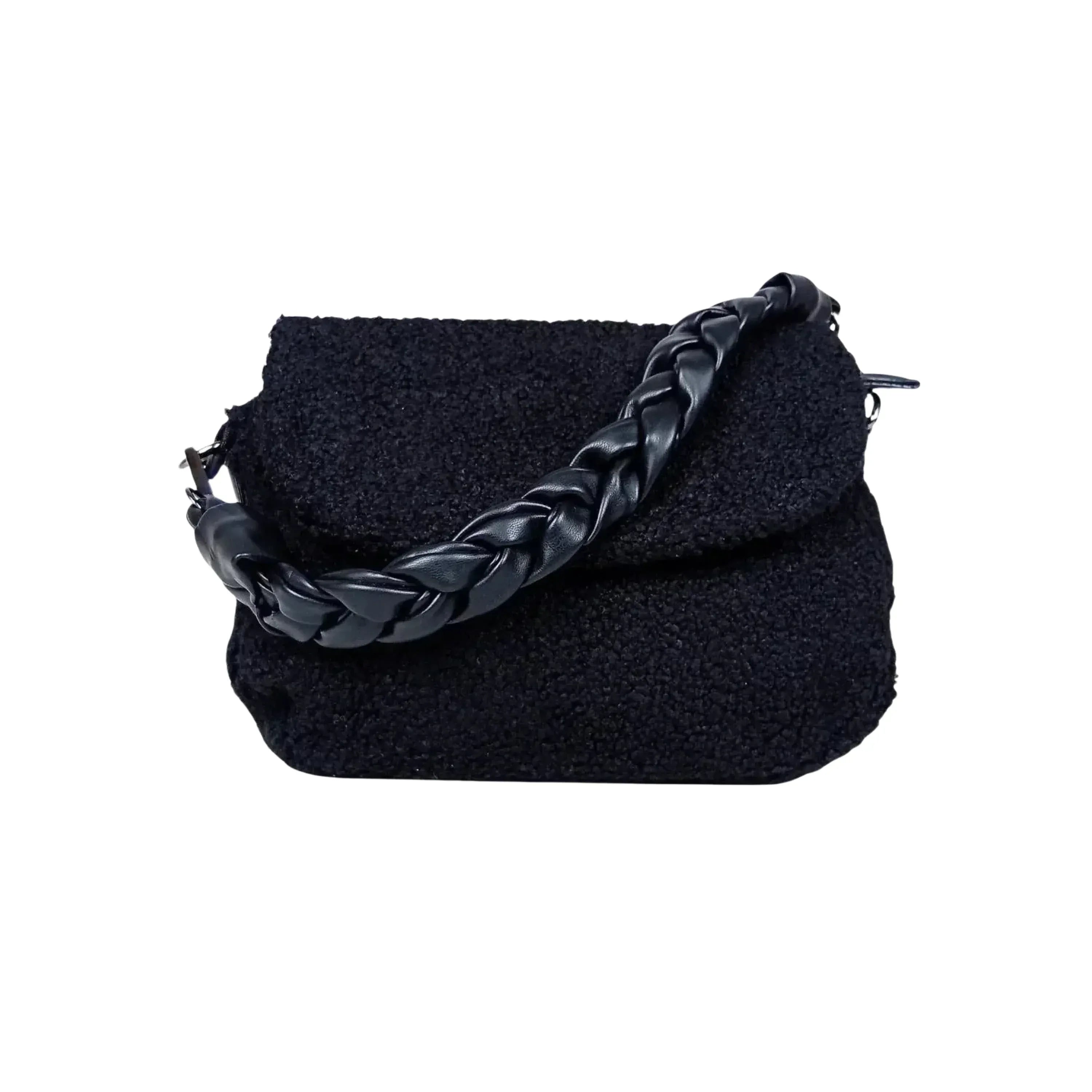Stile Donna borsa nera ecopelle PU con manico intrecciato e tracolla regolabile donna – vista frontale