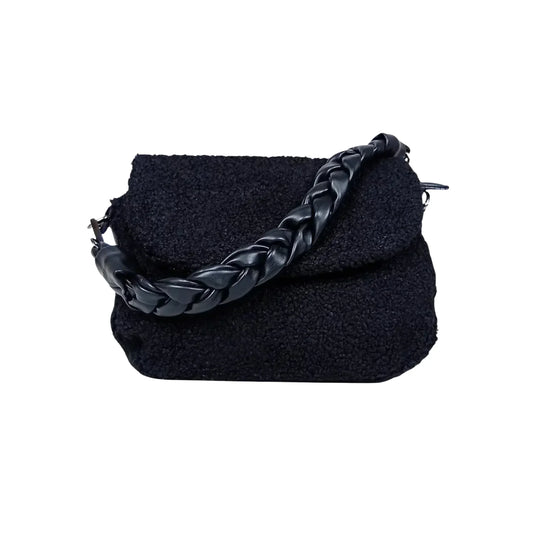Stile Donna borsa nera ecopelle PU con manico intrecciato e tracolla regolabile donna – vista frontale