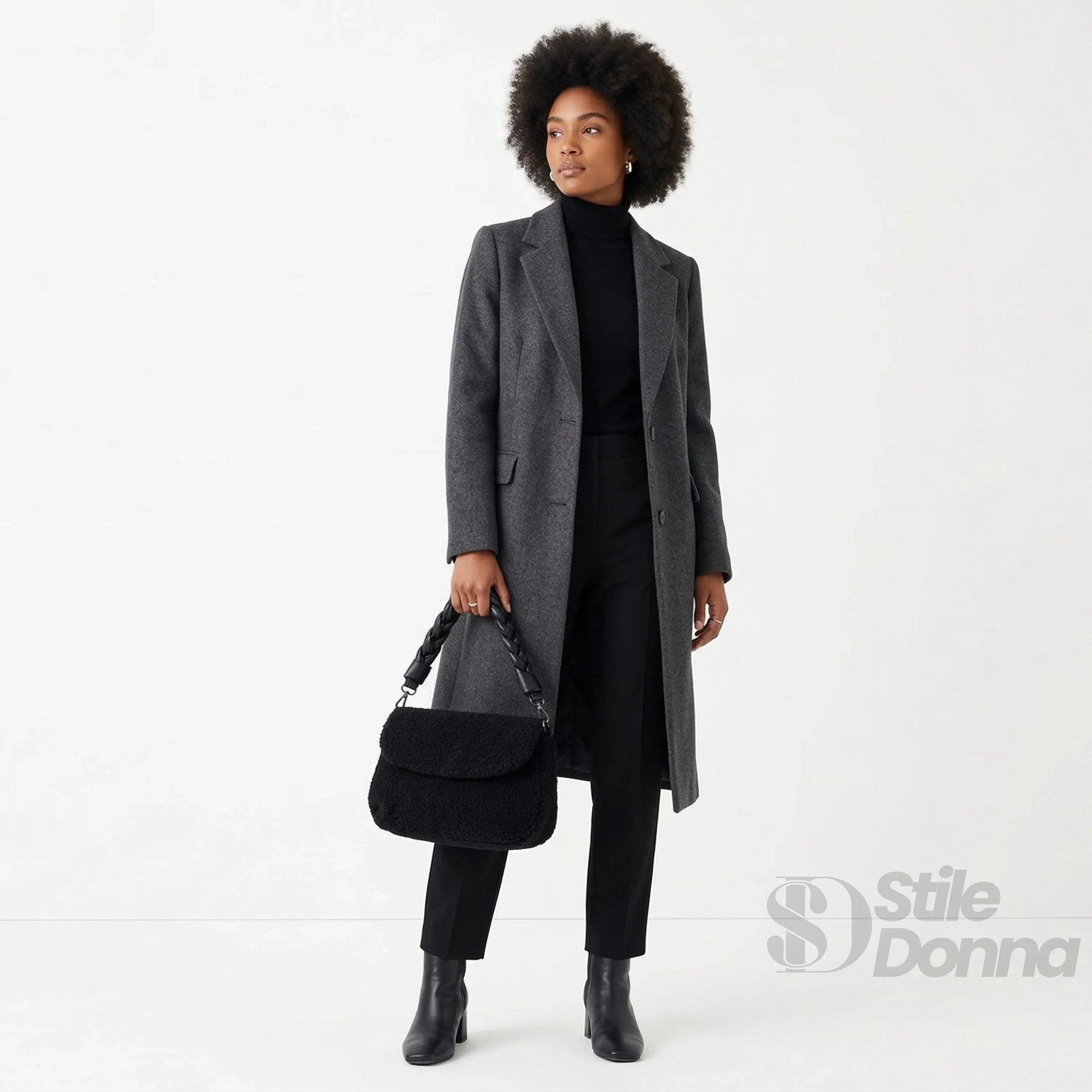 Stile Donna borsa nera ecopelle PU soffietto con manico intrecciato – vista laterale
