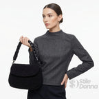 Borsa Nera con Manico Intrecciato in Tessuto Testurizzato e Ecopelle con Tracolla Regolabile - Stile Donna Bags