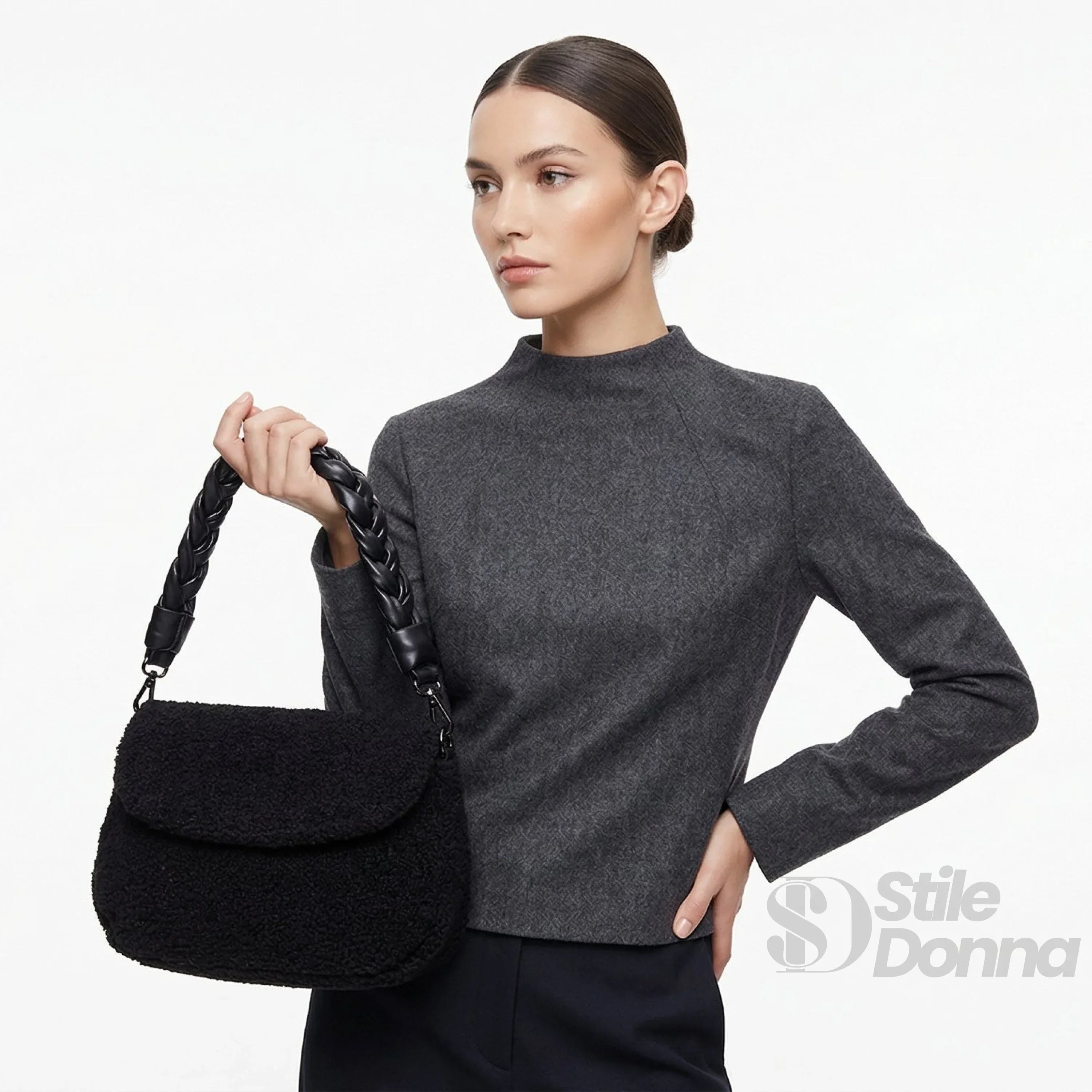 Stile Donna borsa nera ecopelle PU con manico intrecciato e tracolla – vista posteriore