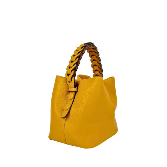 Stile Donna borsa secchiello ecopelle giallo senape manico intrecciato vivace – vista laterale